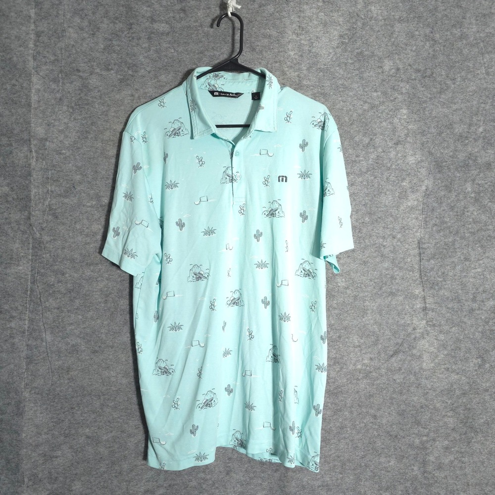 TravisMathew Polo Mens XL Aqua Blue Desert Cactus Print Pima Cotton Short Sleeve
